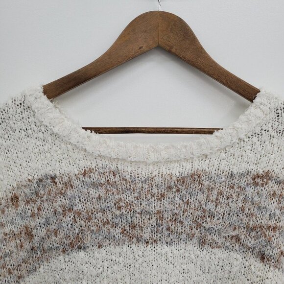 Maurices Womens Fuzzy Striped Pullover Sweater XL Beige White Lantern Sleeve - Picture 10 of 15